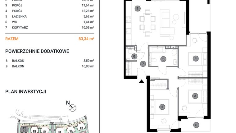 Rzut - Mieszkanie na sprzedaż 4 pokoje o powierzchni 83,34 m² - numer 12.4 w Wille Miejskie Lekcyjna