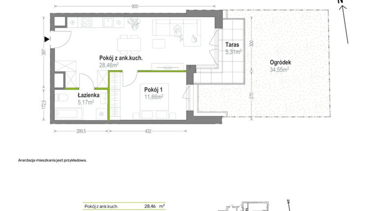 Rzut - Mieszkanie na sprzedaż 2 pokoje o powierzchni 45,29 m² - numer A.A.0.03 w Głębocka Vita