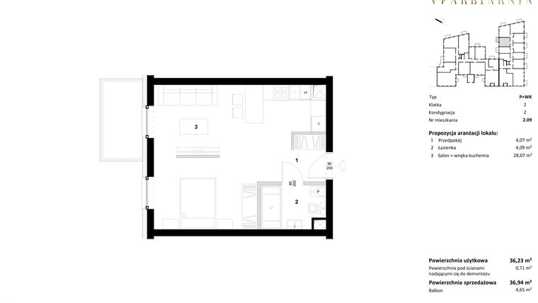 Rzut - Mieszkanie na sprzedaż 1 pokój o powierzchni 36,94 m² - numer 2.09 w Stara Farbiarnia