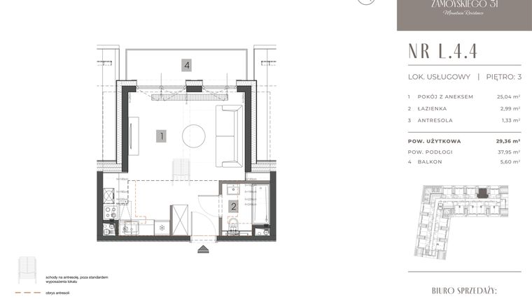 Rzut - Mieszkanie na sprzedaż 1 pokój o powierzchni 29,36 m² - numer L.4.4 w Zamoyskiego 31