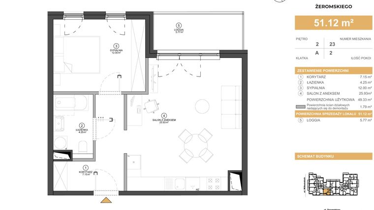 Rzut - Mieszkanie na sprzedaż 2 pokoje o powierzchni 51,12 m² - numer 23 w Żeromskiego