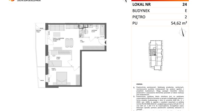 Rzut - Mieszkanie na sprzedaż 3 pokoje o powierzchni 54,62 m² - numer E.24 w Osiedle Synteza etap IV