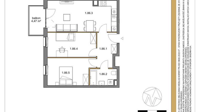 Rzut - Mieszkanie na sprzedaż 3 pokoje o powierzchni 62,8 m² - numer 86 w Osiedle Sfera etap II