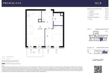 Rzut - Mieszkanie na sprzedaż 2 pokoje o powierzchni 43,78 m² - numer B3 – M1.3 w Primacasa