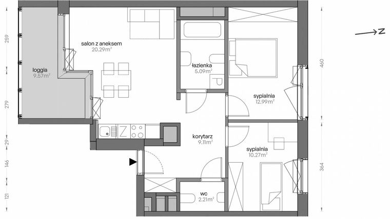Rzut - Mieszkanie na sprzedaż 3 pokoje o powierzchni 59,97 m² - numer SV/10 w Sikorskiego Vita