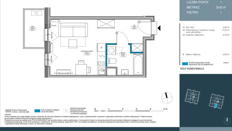 Rzut - Mieszkanie na sprzedaż 1 pokój o powierzchni 26,83 m² - numer 60 w Nordic Górka Narodowa