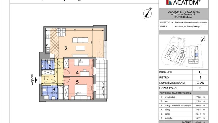 Rzut - Mieszkanie na sprzedaż 3 pokoje o powierzchni 66,85 m² - numer C26 w Daszyńskiego Park