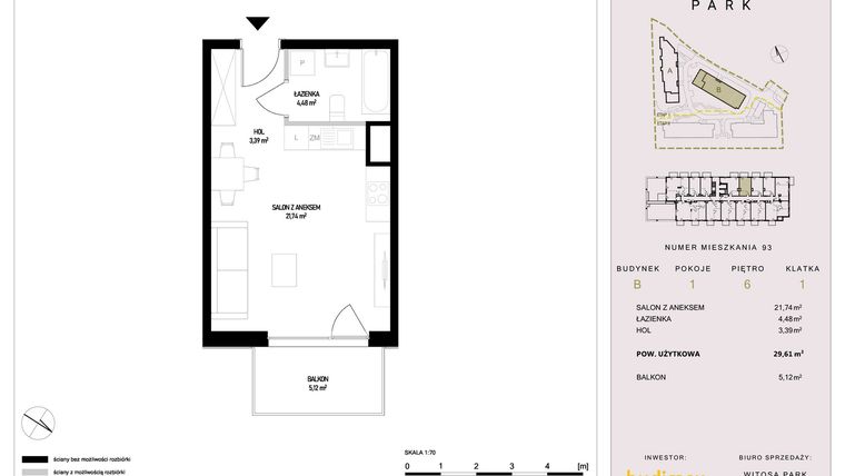 Rzut - Mieszkanie na sprzedaż 1 pokój o powierzchni 29,61 m² - numer B93 w Witosa Park