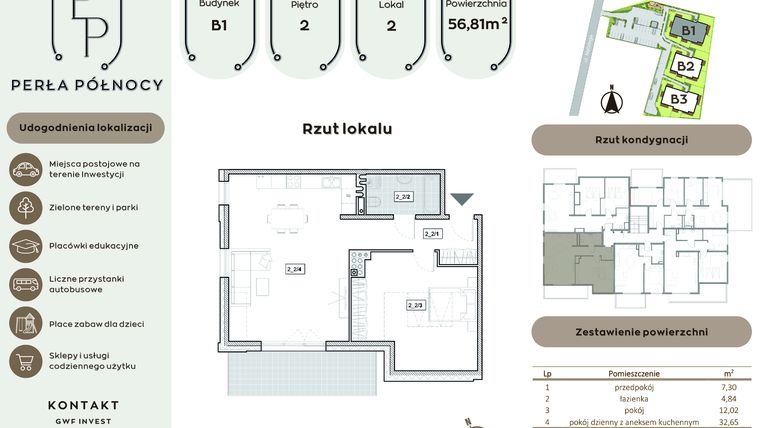 Rzut - Mieszkanie na sprzedaż 2 pokoje o powierzchni 56,81 m² - numer B1.2_2 w Perła Północy etap 2