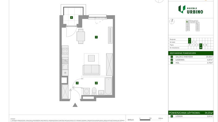 Rzut - Mieszkanie na sprzedaż 1 pokój o powierzchni 34,23 m² - numer 1.3.C.46 w Osiedle Urbino