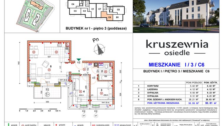 Rzut - Mieszkanie na sprzedaż 3 pokoje o powierzchni 50,81 m² - numer I/3/C6 w Osiedle Kruszewnia