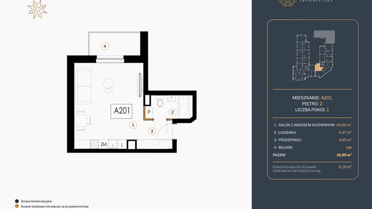 Rzut - Mieszkanie na sprzedaż 1 pokój o powierzchni 32,95 m² - numer A.201 w Rezydencja Śródmiejska