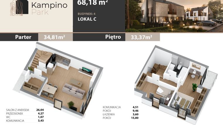 Rzut - Mieszkanie na sprzedaż 3 pokoje o powierzchni 68,18 m² - numer 2C w Kampino Park