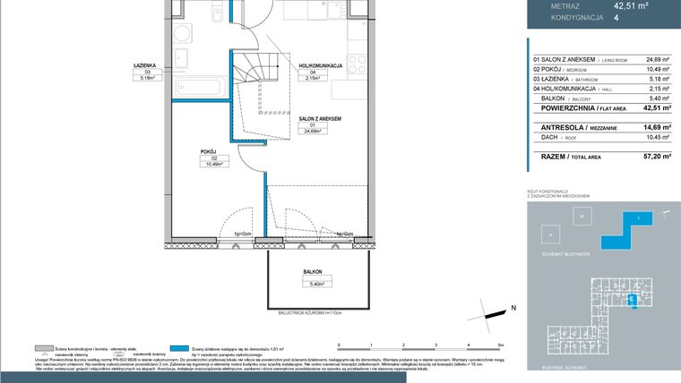 Rzut - Mieszkanie na sprzedaż 3 pokoje o powierzchni 56,88 m² - numer L2.4.10 w Nordic Bemowo - etap III