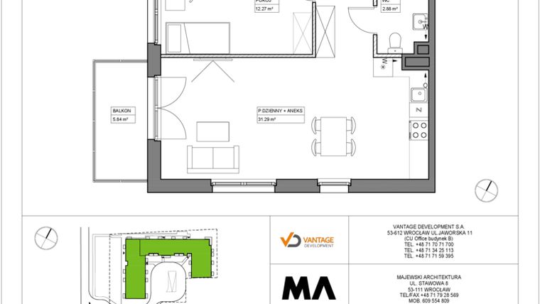 Rzut - Mieszkanie na sprzedaż 3 pokoje o powierzchni 69,2 m² - numer PT/A/1/6 w Przystanek Tarnogaj