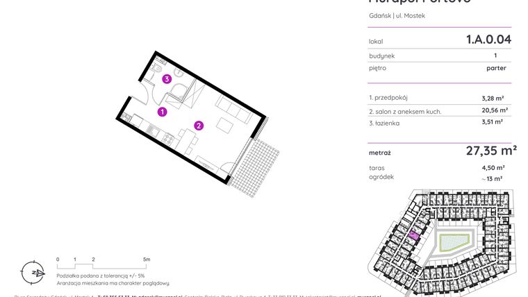 Rzut - Mieszkanie na sprzedaż 1 pokój o powierzchni 27,35 m² - numer 1.A.0.04 w Murapol Portovo etap II