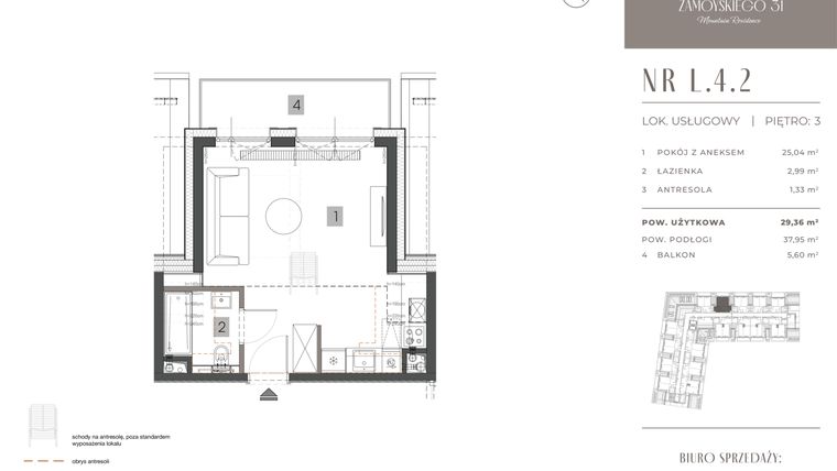Rzut - Mieszkanie na sprzedaż 1 pokój o powierzchni 29,36 m² - numer L.4.2 w Zamoyskiego 31
