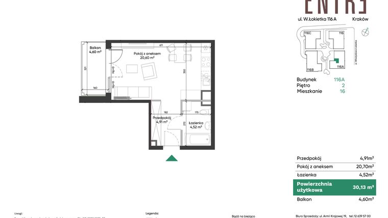 Rzut - Mieszkanie na sprzedaż 1 pokój o powierzchni 30,13 m² - numer 116A-M16 w Entre