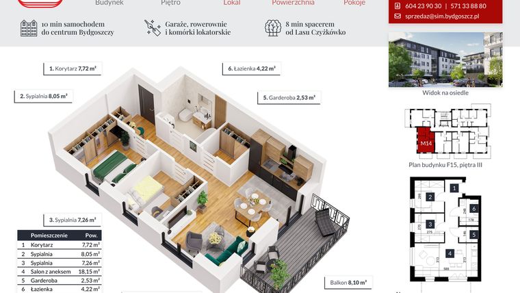 Rzut - Mieszkanie na sprzedaż 3 pokoje o powierzchni 47,93 m² - numer 14 w Tęczowy Zakątek F-15