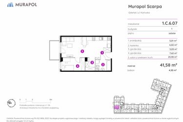 Rzut - Mieszkanie na sprzedaż 1 pokój o powierzchni 41,58 m² - numer 1.C.6.07 w Murapol Scarpa
