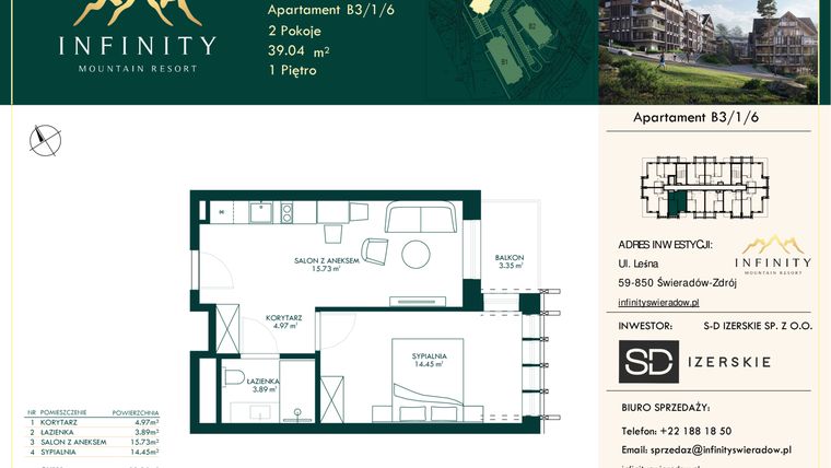Rzut - Mieszkanie na sprzedaż 2 pokoje o powierzchni 39,04 m² - numer B3.1.6 w Infinity Mountain Resort