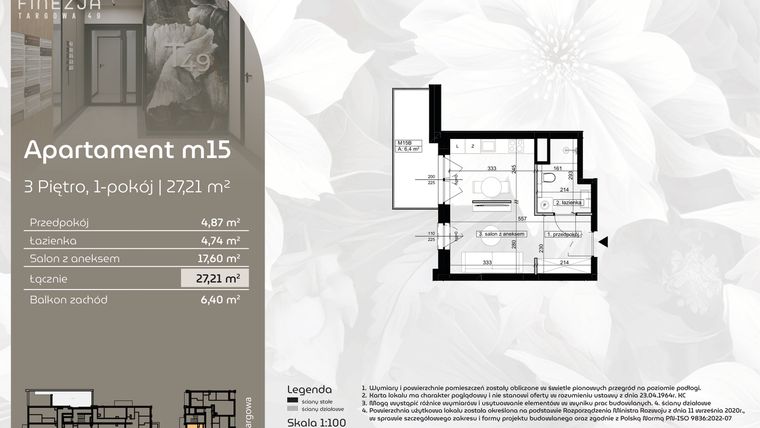 Rzut - Mieszkanie na sprzedaż 1 pokój o powierzchni 27,21 m² - numer M15 w Finezja Targowa 49