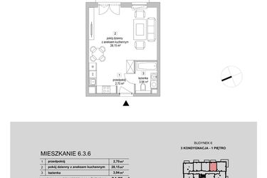 Rzut - Mieszkanie na sprzedaż 1 pokój o powierzchni 34,79 m² - numer 6.3.6 w Osiedle Przyjemne III