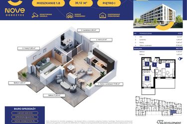 Rzut - Mieszkanie na sprzedaż 2 pokoje o powierzchni 39,12 m² - numer M08 w Nove Dobczyce