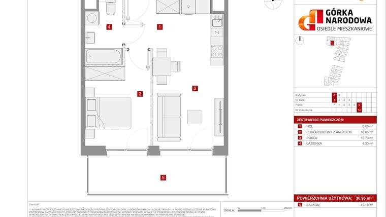 Rzut - Mieszkanie na sprzedaż 2 pokoje o powierzchni 36,95 m² - numer 5.1.A.14 w Osiedle Górka Narodowa etap 5