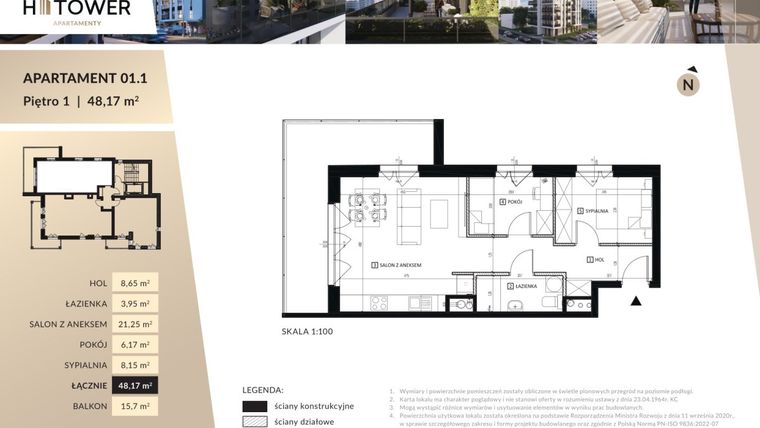 Rzut - Mieszkanie na sprzedaż 3 pokoje o powierzchni 48,17 m² - numer Hi 01.1 w Hi Tower