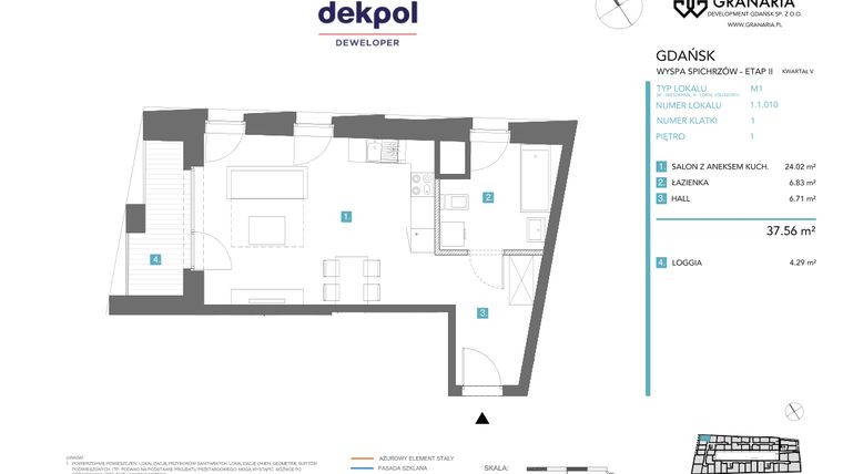 Rzut - Mieszkanie na sprzedaż 1 pokój o powierzchni 37,56 m² - numer 1.1.010 w Granaria