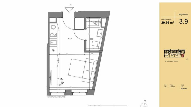 Rzut - Mieszkanie na sprzedaż 1 pokój o powierzchni 20,36 m² - numer 3.9 w Rezydencja San Petrus