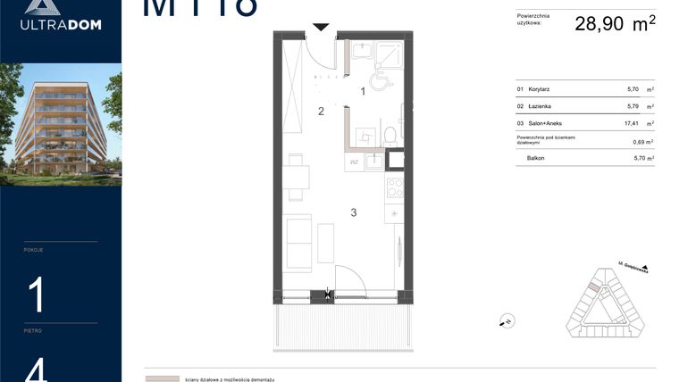 Rzut - Mieszkanie na sprzedaż 1 pokój o powierzchni 29,59 m² - numer M118 w Ultradom