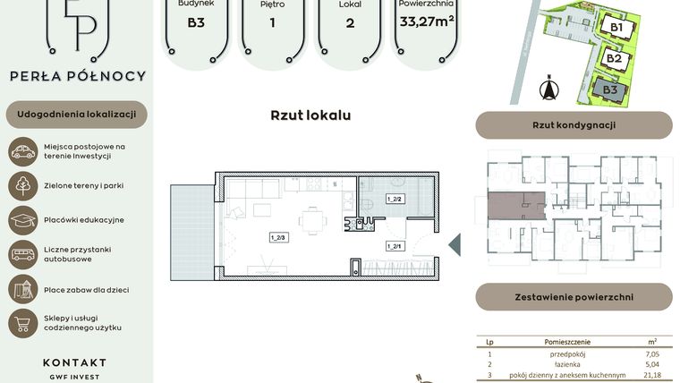 Rzut - Mieszkanie na sprzedaż 1 pokój o powierzchni 33,27 m² - numer B3.1_2 w Perła Północy etap 2