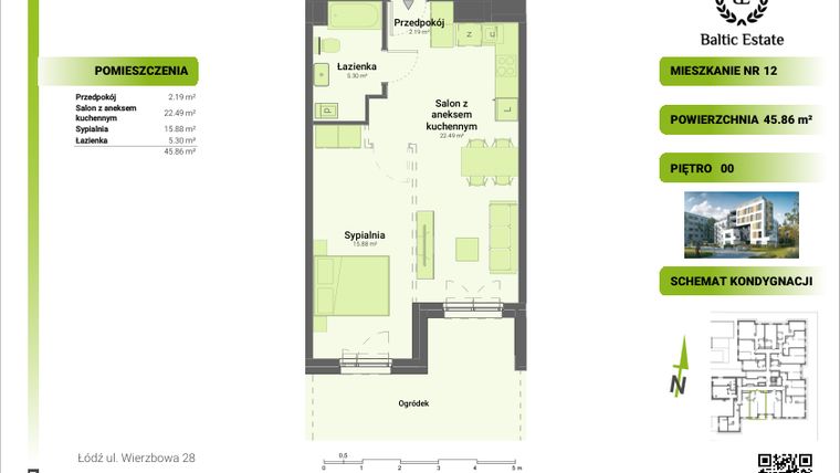 Rzut - Mieszkanie na sprzedaż 2 pokoje o powierzchni 45,86 m² - numer 00.M.12 w Dom Architekta