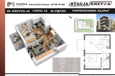 Rzut - Mieszkanie na sprzedaż 2 pokoje o powierzchni 42,54 m² - numer M11 w Stacja Krzywa