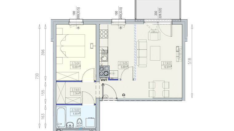 Rzut - Mieszkanie na sprzedaż 2 pokoje o powierzchni 48,85 m² - numer K1 2/7/9/2k w Południk 17 - budynek K1