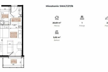 Rzut - Mieszkanie na sprzedaż 1 pokój o powierzchni 26,69 m² - numer SWA/1/27/B w Apartamenty Świeradowska