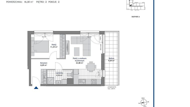 Rzut - Mieszkanie na sprzedaż 2 pokoje o powierzchni 46,8 m² - numer A.2.3 w Linea bud. A