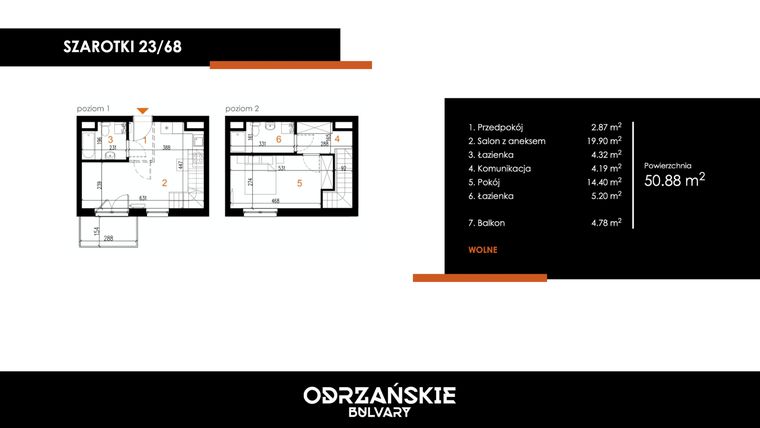 Rzut - Mieszkanie na sprzedaż 2 pokoje o powierzchni 50,88 m² - numer 23/68 w Odrzańskie Bulvary