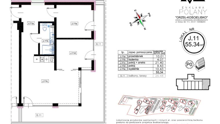 Rzut - Mieszkanie na sprzedaż 2 pokoje o powierzchni 55,34 m² - numer J.11 w Enklawa Polany etap II