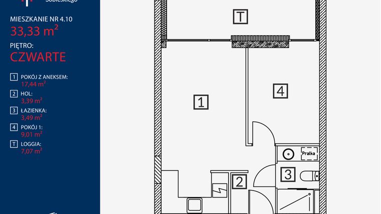 Rzut - Mieszkanie na sprzedaż 2 pokoje o powierzchni 33,33 m² - numer B2.M.4.10 w Tarasy Sobieskiego