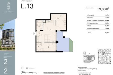 Rzut - Mieszkanie na sprzedaż 3 pokoje o powierzchni 59,35 m² - numer L13 w Sky Trust etap II - apartamenty inwestycyjne 23% VAT PRS