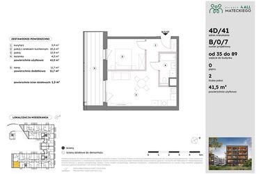 Rzut - Mieszkanie na sprzedaż 2 pokoje o powierzchni 41,55 m² - numer B/0/7 w Osiedle Mateckiego 4ALL