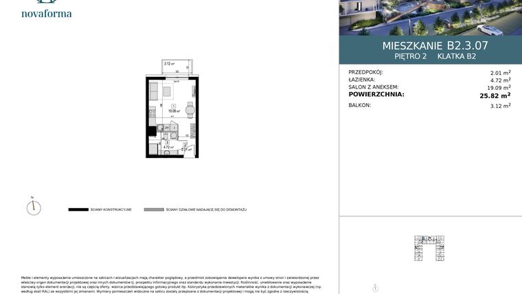 Rzut - Mieszkanie na sprzedaż 1 pokój o powierzchni 25,82 m² - numer B2.3.07 w Novaforma II