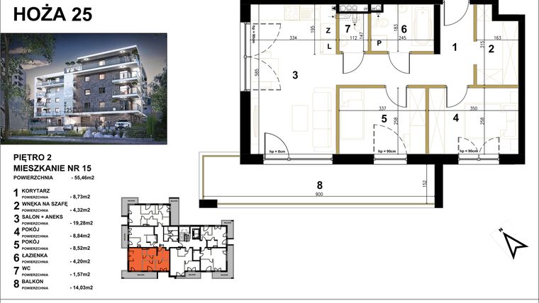Rzut - Mieszkanie na sprzedaż 3 pokoje o powierzchni 55,46 m² - numer 15 w Hoża 25