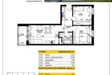 Rzut - Mieszkanie na sprzedaż 3 pokoje o powierzchni 58,23 m² - numer B 3.01 w Park Moniuszki II C