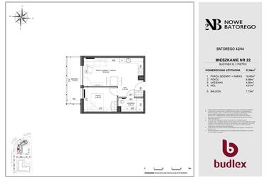 Rzut - Mieszkanie na sprzedaż 2 pokoje o powierzchni 37,94 m² - numer B22 w Nowe Batorego 2