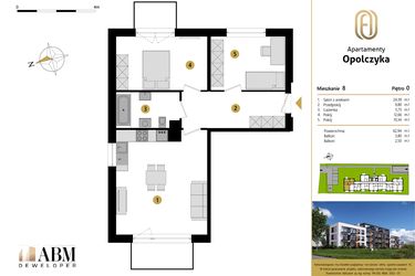 Rzut - Mieszkanie na sprzedaż 3 pokoje o powierzchni 62,94 m² - numer M8 w Apartamenty Opolczyka