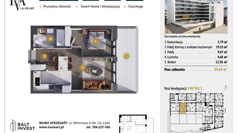 Rzut - Mieszkanie na sprzedaż 2 pokoje o powierzchni 39,69 m² - numer M2.5 w La Vie Art
